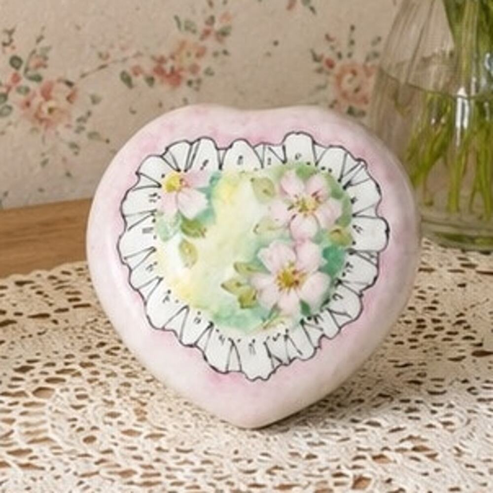 1989 Pink Floral Heartshaped Porcelain Trinket Box
